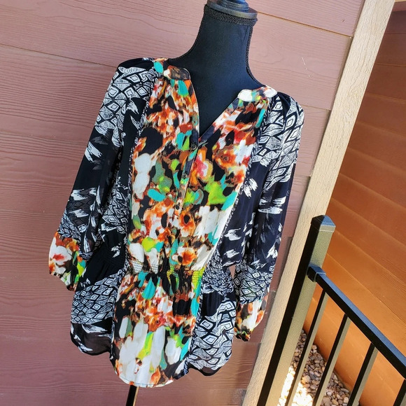 Calvin Klein Multi-Color Blouse W/Lining Elastic at Waist Petite S EUC - Picture 3 of 11